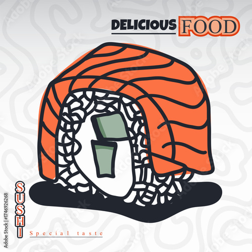 Nigiri sushi with tuna fish illustration in hand drawn design. sushi template design