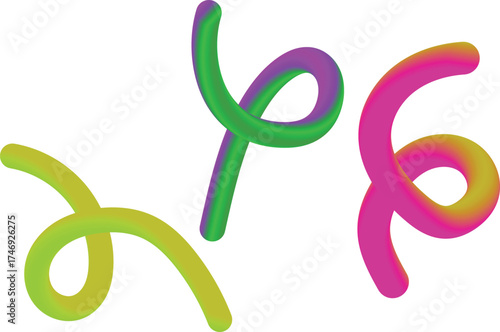 Three Abstract, Colorful, Swirling, 3D Tube Shapes on a vector Illustration White Background