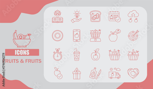  Colorful Fresh Fruit Icon Set in Modern Flat Vector Style