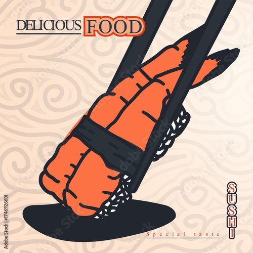 ebi sushi and chopstick illustration in hand drawn design. sushi template for sushi restaurant