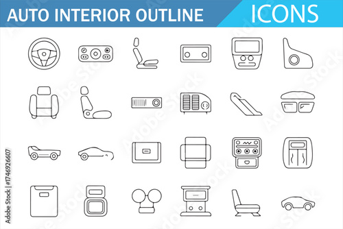 Set of icons depicting various car interior elements like seats, steering, and control systems.