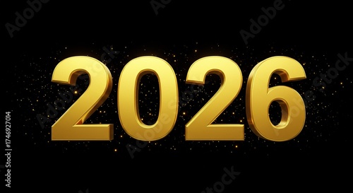 Golden 2026 text on black background with sparkles.