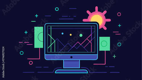A glowing outline of a computer screen filled with a vibrant imaginative digital artwork emphasizing the power of software in creativity.
