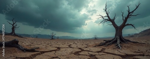 Desolate Landscape Cracked Earth and Twisted Trees Under a Stormy Sky, conveying a sense of environmental devastation and climate change impact.