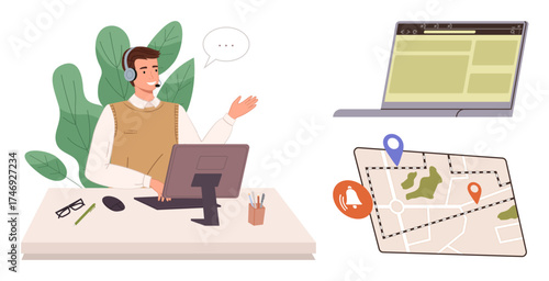 Man with headset talking at desk with computer, laptop interface, map with pins and notification icon. Ideal for customer service, remote work, navigation, communication, technology, teamwork simple