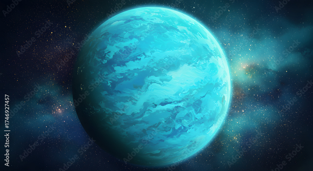 Naklejka premium Azure Planet: A cosmic canvas unveils a mesmerizing planet of azure hues, shrouded in swirling atmospheric patterns against a backdrop of starry nebulas.