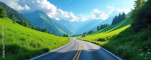 Winding Mountain Road to Serenity A Journey Through Lush Green Hills Under a Vibrant Blue Sky.  The path invites exploration and adventure, promising tranquility and escape.