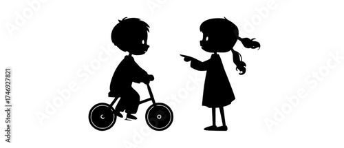 a silhouette of a boy and a girl engaged in a conversation on a tricyclebicycle, boy, child, girl, illustration, profile, ride, scooter, tricycle 