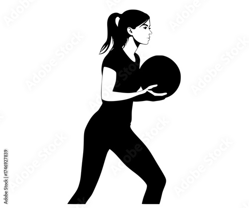 a silhouette of a woman holding a basketballathletic, ball, black, catch, girl, hand, illustration, profile, woman 