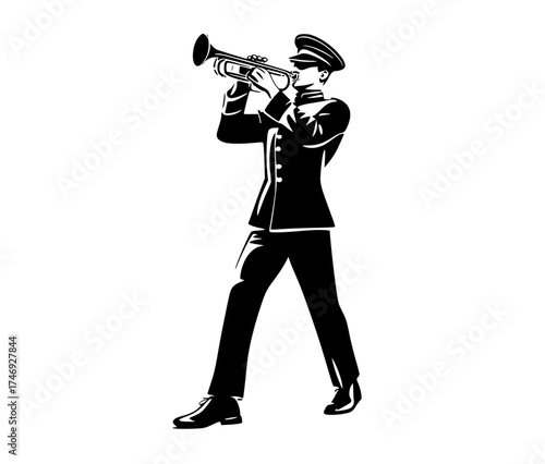 a black and white silhouette of a soldier playing a trumpetblack, illustration, instrument, man, play, profile, trombone, trumpet 