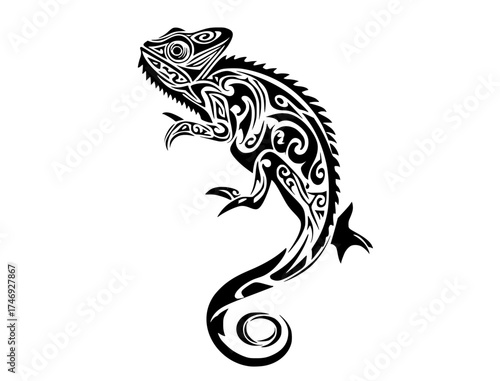 a stylized chameleon with tribal patterns on its bodyblack, chameleon, design, iguana, illustration, lizard, profile, reptile, symbol, tail, tattoo 