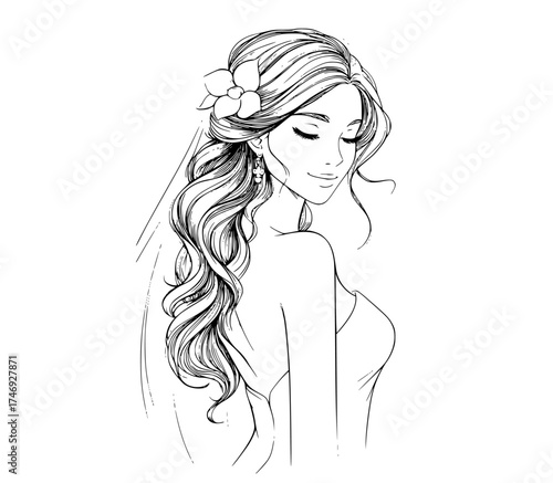 a beautiful woman with long hair and a flower in her hair, depicted in a line art stylebeautiful, cosmetic, curl, drawing, flower, girl, hair, hairstyle, head, illustration, veil, woman 