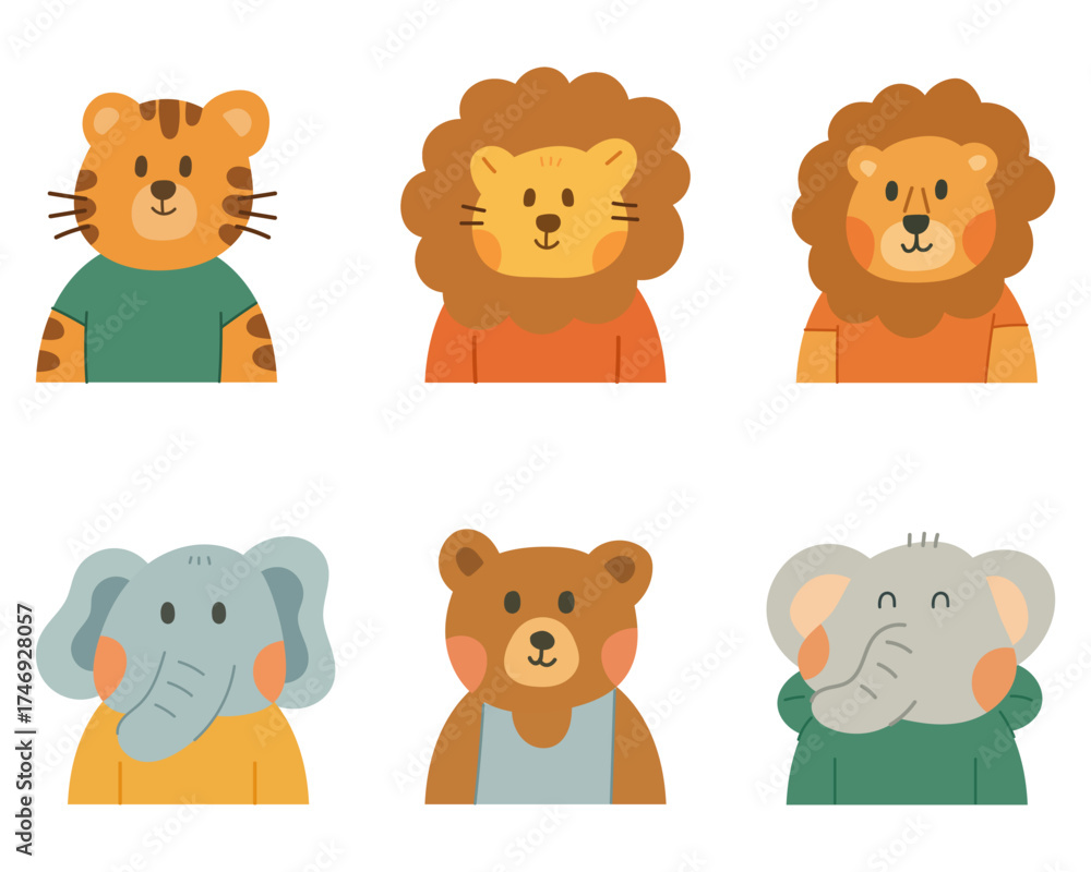 Obraz premium Cartoon doodle set of cute animal character. Tiger, lion, elephant, and bear. Hand drawn style, minimal and adorable illustration for kids, nursery, and design use.