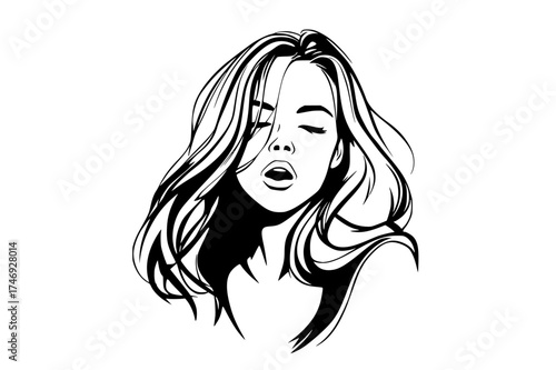 a black and white line drawing of a woman with long, flowing hair, she appears to be singing or expressing joybeautiful, black, close-up, eye, face, girl, hair, illustration, mouth, woman 