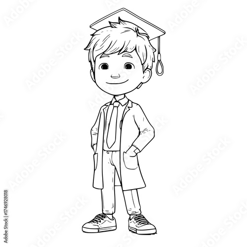 a cartoon boy wearing a graduation cap and gown, standing with a smileboy, cap, child, diploma, gown, graduate, illustration, robe, smile, stand, tie, wear 