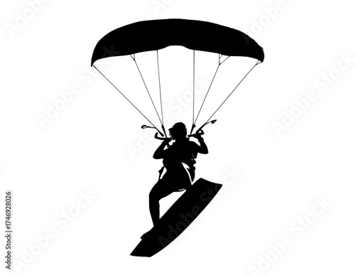 a silhouette of a person parasailing with a parachuteblack, board, man, parachute, person, profile, sky 