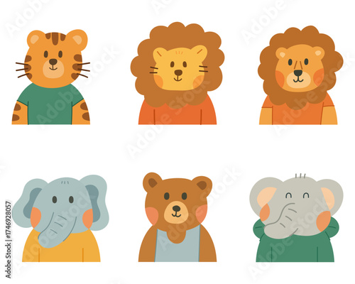 Cartoon doodle set of cute animal character. Tiger, lion, elephant, and bear. Hand drawn style, minimal and adorable illustration for kids, nursery, and design use.