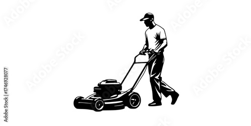 a silhouette of a man mowing the lawn with a lawnmowerblack, cut, grass, illustration, lawn, man, mower, profile, push 