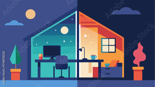 A split view of a brightlylit home office at day and a cozy candlelit workspace at night highlighting different moods of remote work.