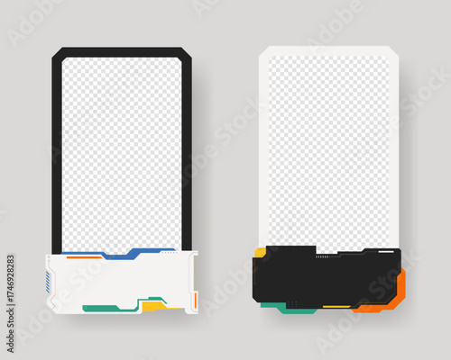 Collection of player frames template. Cyberpunk style. Game card frame mockup template design.