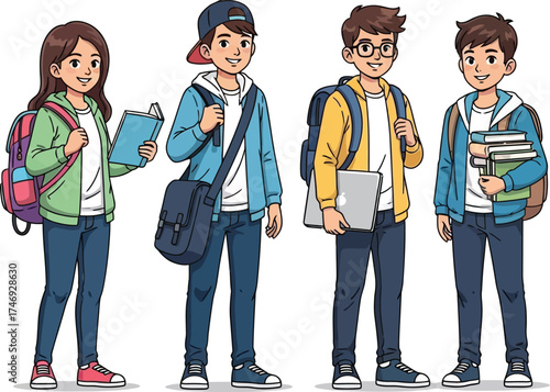 Group of Happy Students Ready for School Cartoon Style Vector Illustration