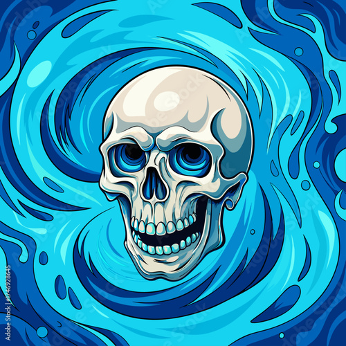 Vector art of skull with blue eyes and water swirl background in cartoon illustration