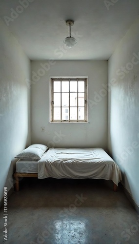 Stark Minimalist Prison Cell Bleak Bedroom Interior with Single Cot and Barred Window, Conveying Confinement and Isolation