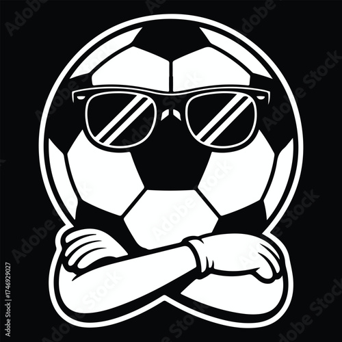 Cool soccer ball character wearing sunglasses with arms crossed on a black background
