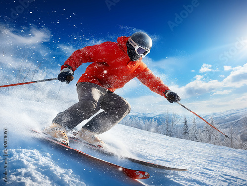 Professional skier racing down a snowy mountain slope, showcasing speed and skill, embodying the spirit of competition and excellence in winter sports at a global event