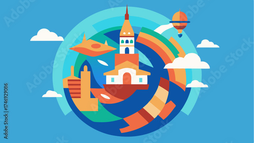 An artistic representation of iconic landmarks from various cultures arranged in a swirling pattern around a central globe.