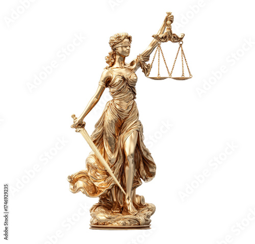 Statue of justice isolated on transparent background, symbol of law and fairness