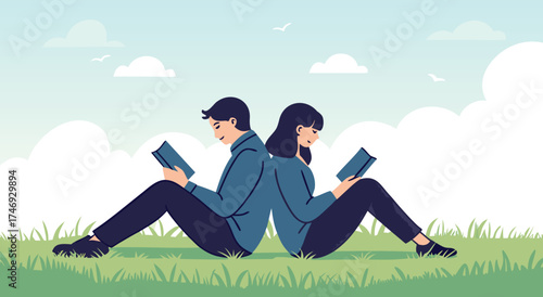 Two people reading books back to back in a park.

