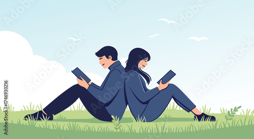 Two people reading books back to back in a park.

