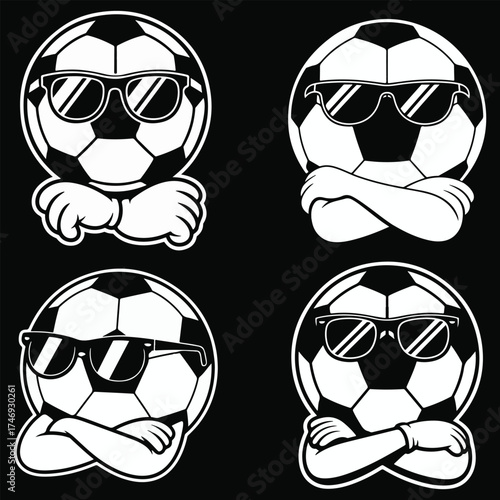 Four cool soccer balls wearing sunglasses with crossed arms on black background