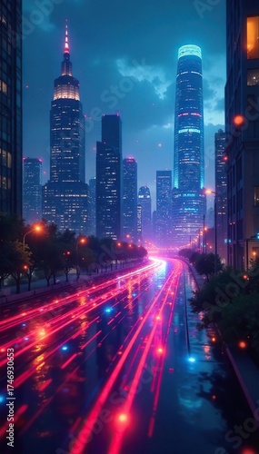 Futuristic Cityscape Vibrant Network of RSS Feeds Illustrates a Global Social Media Platform Built on Shared Information and Content Aggregation