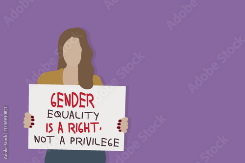 Woman stands against a soft purple background, holding a blank sign with text Gender equality is right not not privilege Bright minimalistic, perfect for messaging or artistic expression. Copy space.