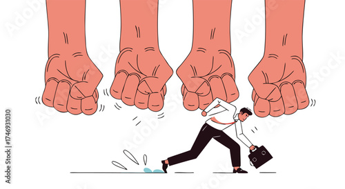 Man running away from large fists descending from above.

