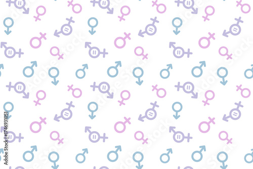 12patterSeamless vector pattern with pink female, blue male, purple intertwined gender equality symbols. Modern flat design representing unity, diversity, equal rights for all. Isolated transparent ba