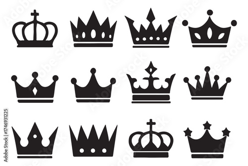 Big collection quality black crowns. Crown icon set illustration. Collection of crown silhouette. Crown vector collection, royal luxury symbols. Crown icon set. leadership award, victory symbo