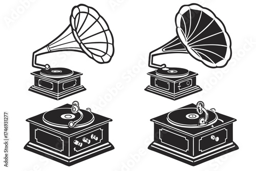 Vintage phonograph gramophone record player antique music vector illustration design element old style drawing silhouette