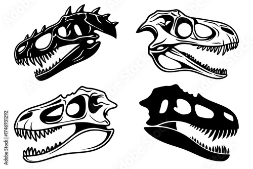 Dinosaur skull vector set tyrannosaurus rex fossil paleontology prehistoric reptile bone skeleton jurassic era silhouette