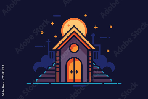 geometric hut with glowing door half covered shadows