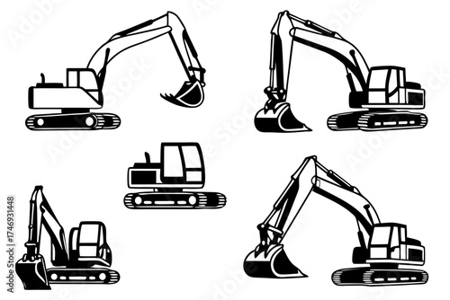 Excavator construction equipment vector illustration heavy machinery digger black and white construction site silhouette