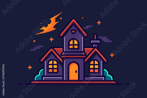 farmhouse icon with two glowing windows at dusk