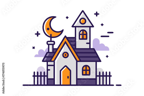 house with leaning chimney glowing windows at night