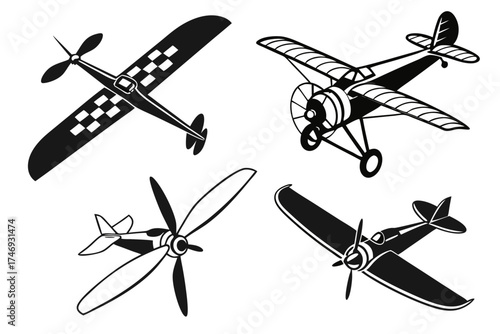 Vintage airplane vector set classic aircraft aviation design flying machine biplane propeller plane silhouette art 100