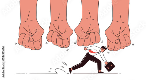 Man running away from large fists descending from above.

