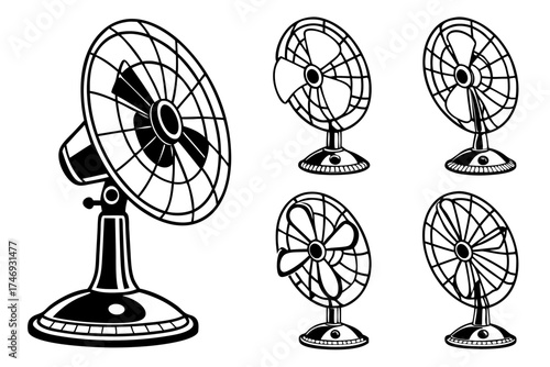 Black and white vector illustration of vintage electric fans for cooling and ventilation home appliance design silhouette