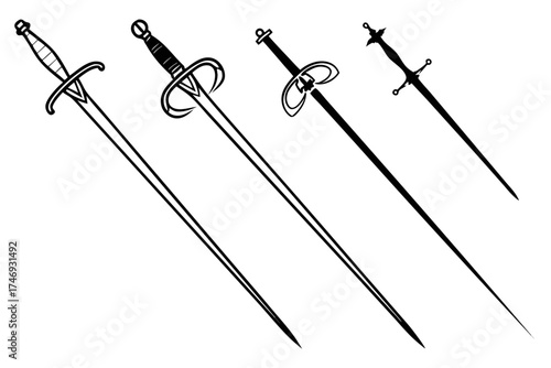 Collection of rapier swords vector illustration for fencing enthusiasts historical weapon designs and artwork projects silhouette