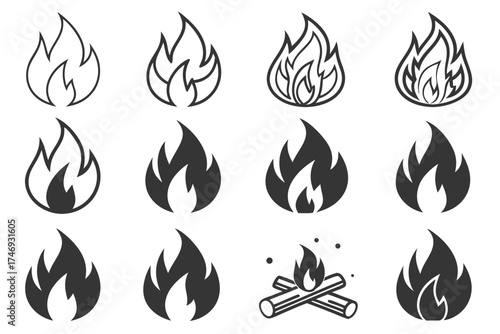 Fire flame vector set illustration for campfire bonfire design element burning hot icon symbol logo design silhouette